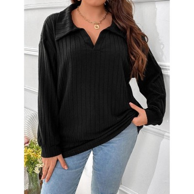 Women's Plus Size Loose Polo V Neck Long Sleeve T Shirts Tops Collared Ribbed Brushed Top Sweater Casual