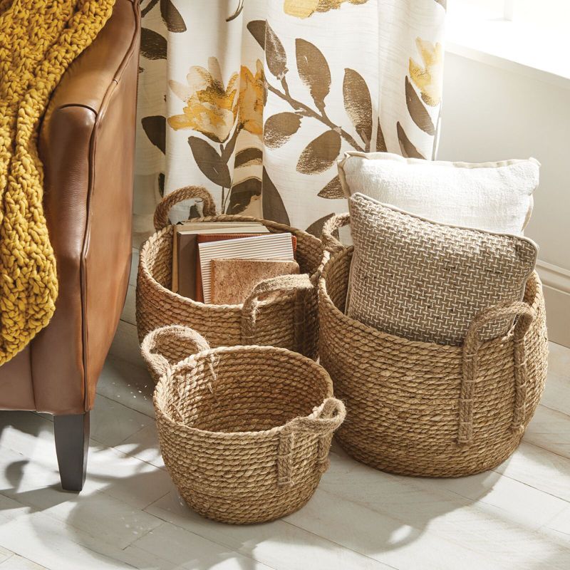 mDesign Round Seagrass Woven Storage Basket with Handles - Set of 3, 3 of 9