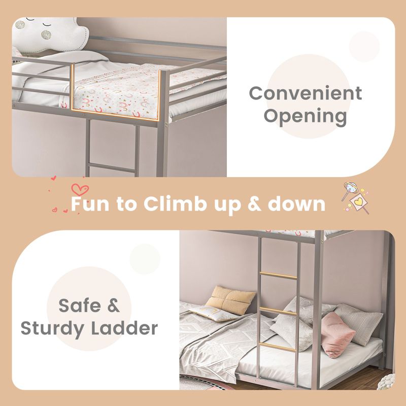 Tangkula Metal Bunk Bed Twin over Twin Low-Profile Bunk Bed Frame with Full Length Guardrail & Ladder Space-saving Twin Size Bed Black/Sliver/White, 5 of 8