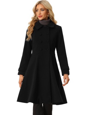 Allegra K Women's Winter Vintage Collared A-Line Double Breasted Long Swing Overcoat