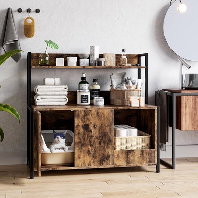 Garvee Cat Litter Box Enclosure, Hidden Litter Box Enclosure with Shelves Storage, Wooden Cat Litter Furniture, Cat Cabinet with Storage, Brown