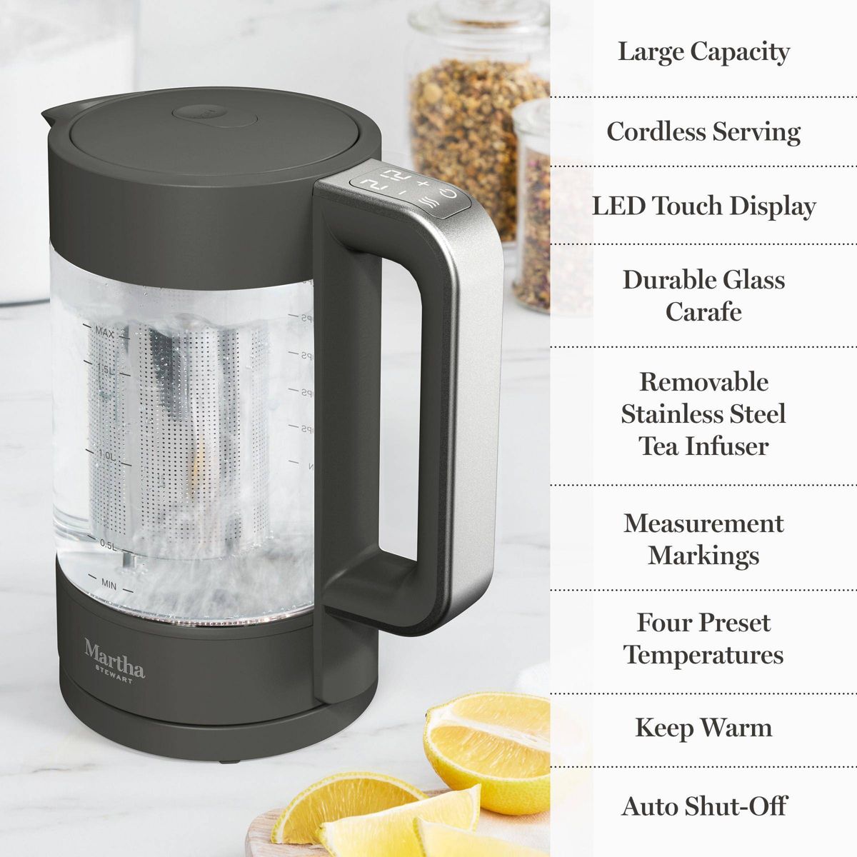 Martha Stewart 1.7L Glass Carafe Electric Kettle with Removable Tea Infuser - thumbnail 8