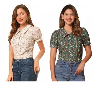INSPIRE CHIC Women's Puff Short Sleeves Point Collar Button Down Floral Shirts 2 Packs - 1 of 4