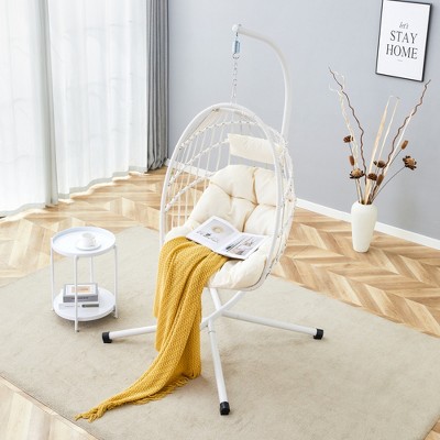 FURNIinspire Patio Swings Hanging Chair With Wicker Weave, Single Person Swing With White Seat Cushion For Indoor And Outdoor, White, 37“*37"*79"