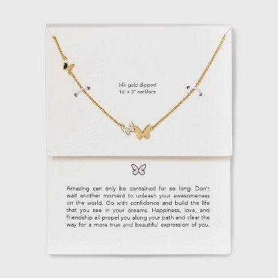 14k Gold Dipped Cubic Zirconia Triple Butterfly Station Necklace - Gold