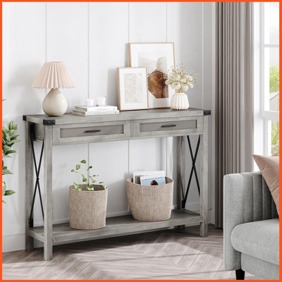 Homhougo Farmhouse Sofa Table - Console Table with Rattan Drawers, Entryway Table with Storage Gray