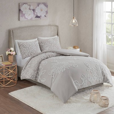 Danica Full/Queen 3pc Tufted Cotton Chenille Floral Duvet Cover Set Gray/White