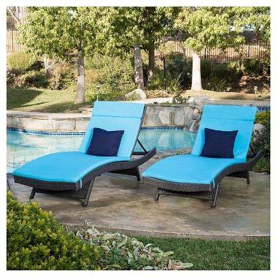 Set of 2 Black Wicker Adjustable Chaise Lounges with Blue Cushions