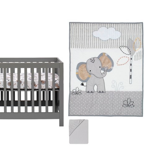 Lambs & Ivy Jungle Safari Elephant 3-Piece Mini Crib Bedding Set -  Gray/White