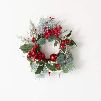 11"H Sullivans Red Ball And Holly Christmas Mini Wreath, Red