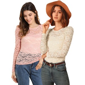INSPIRE CHIC Women's Vintage Semi-Sheer Puff Long Sleeve Embroidery Lace Floral Blouse 2 Packs - 1 of 4