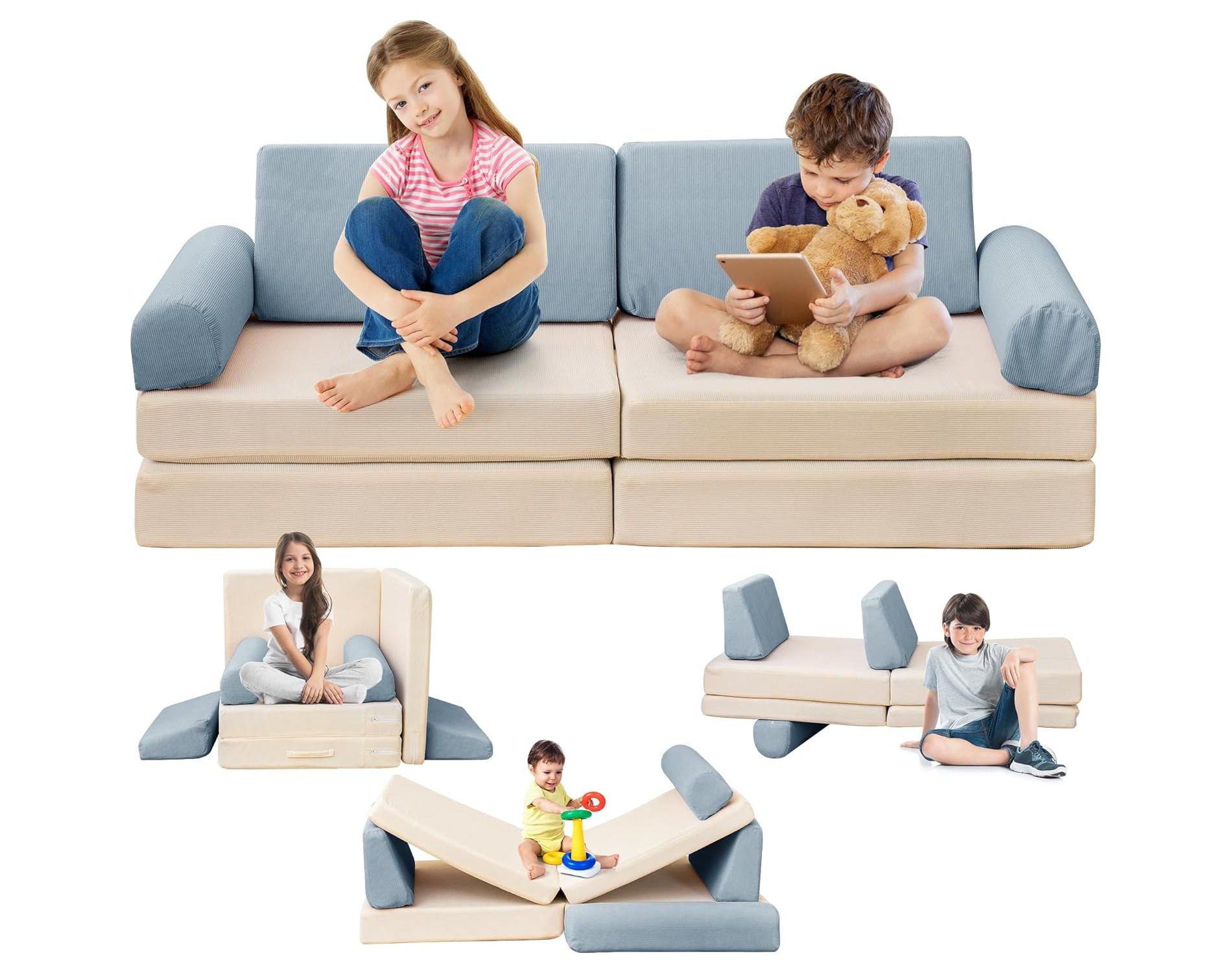 Hooseng Modular Kids Play Couch, Corduroy Versatile Fold-Out Baby Floor Sofa, Convertible Kid Sofa For Boys & Girls