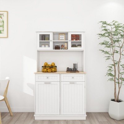 LOVMOR 67.7"Kitchen Trash Can Storage Cabinet with 3 Adjustable Shelves,2 Drawers and Trash Can for Dinning Room,White