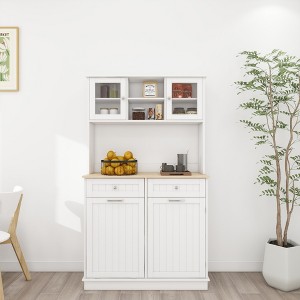 LOVMOR 67.7"Kitchen Trash Can Storage Cabinet with 3 Adjustable Shelves,2 Drawers and Trash Can for Dinning Room,White - 1 of 4