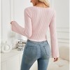 Women Tops Knit Sweetheart Neckline Front Drawstring Ribbed Cropped Long Sleeve Tee Pullover - 2 of 3