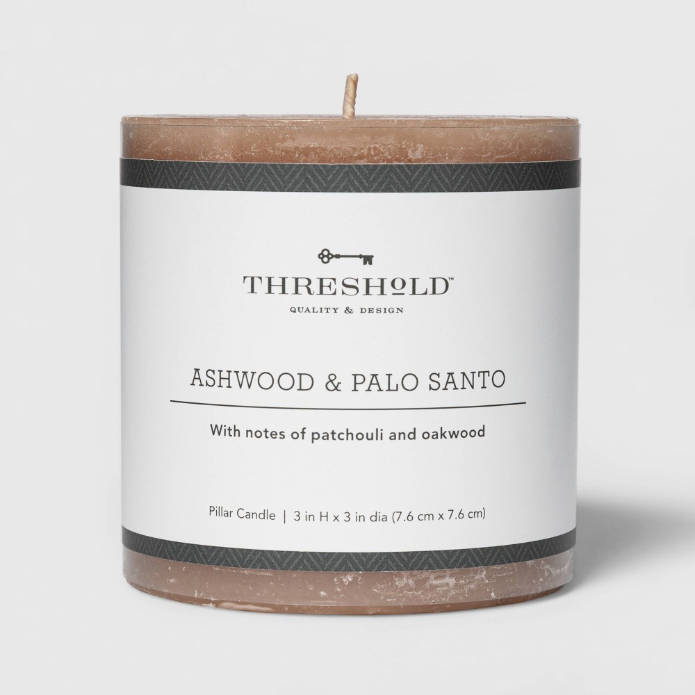 Photos - Other interior and decor 3" x 3" Pillar Ashwood and Palo Santo Candle Tan - Threshold™