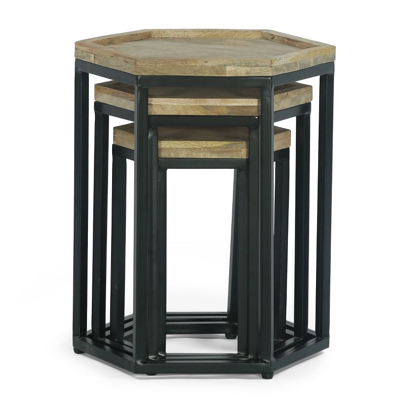 Set of 3 Morella Modern Industrial Handcrafted Mango Wood Nested Side Tables Natural/Black - Christopher Knight Home, 3 of 8