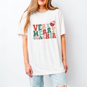 Simply Sage Market Very Merry Teacher Wavy Short Sleeve Tee - M - Oatmeal - 1 of 4