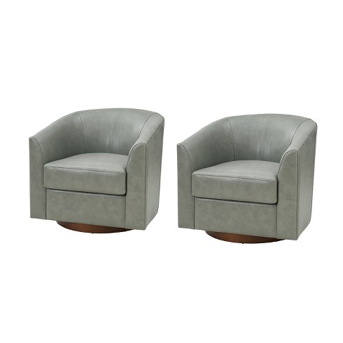 Set of 2 Molly Modern 360 degree Swivel Barrel Genuine Leather Chair with Solid Wood Base ARTFUL LIVING DESIGN SAGE