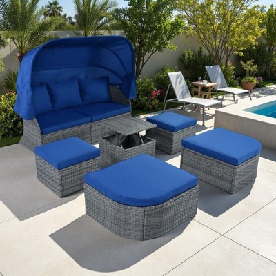 6-Pieces Outdoor Patio Rattan Round Daybed Sunbed Set with Retractable Canopy and Lift Table