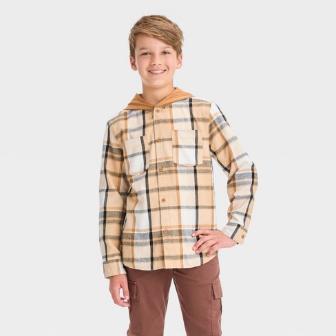 Boys' Long Sleeve Plaid Hoodie Shacket - Cat & Jack™ Beige Xs : Target