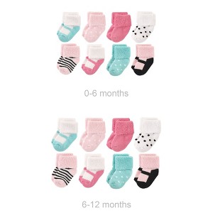 Luvable Friends Infant Girls Grow with Me Cotton Terry Socks, Pink Black Mary Janes, 0-6 and 6-12 Months - 1 of 2