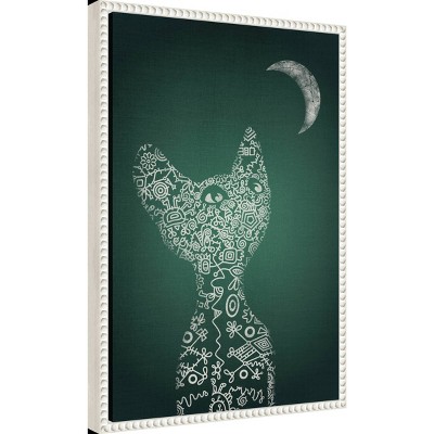 Abstract Cat and Moon Green Canvas Framed Wall Art