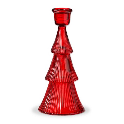 tag Glass Ribbed Tree Taper Holder Lg Red