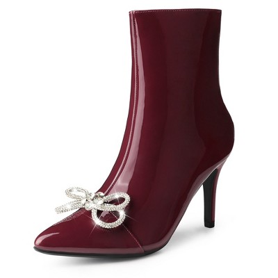 Perphy Women's Bow Rhinestone Pointy Toe Stiletto Heels Ankle Boots