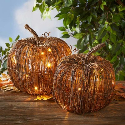 The Lakeside Collection Rattan Lighted Pumpkin - Harvest Halloween Decor for Tabletops, Mantles