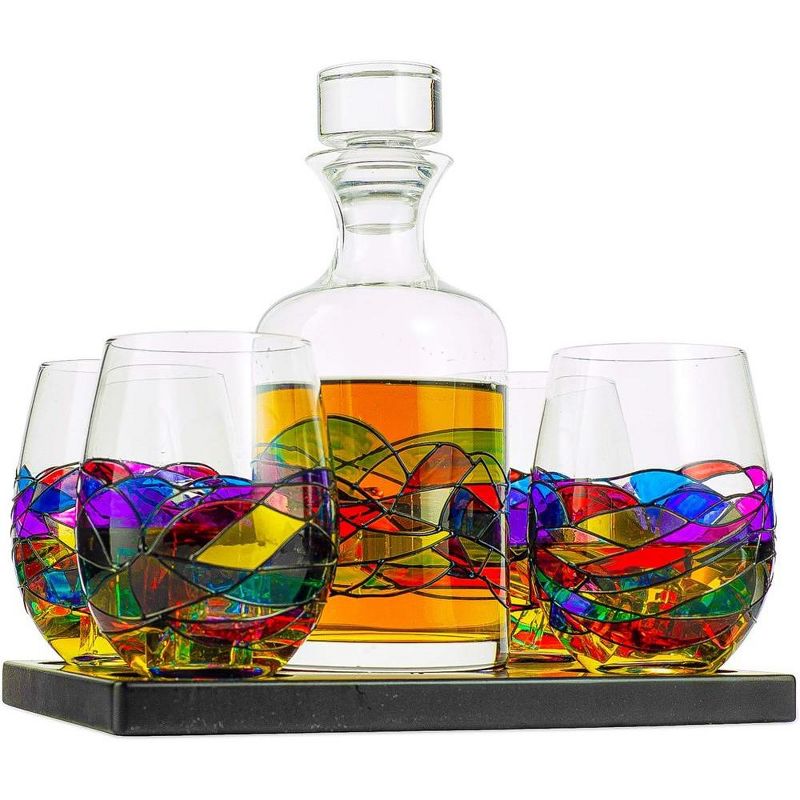 The Wine Savant Beautiful Hand Painted Whiskey & Wine Decanter Set Includes 4 H& Painted Glasses Set on a Wooden Tray - 750 ml, 2 of 7