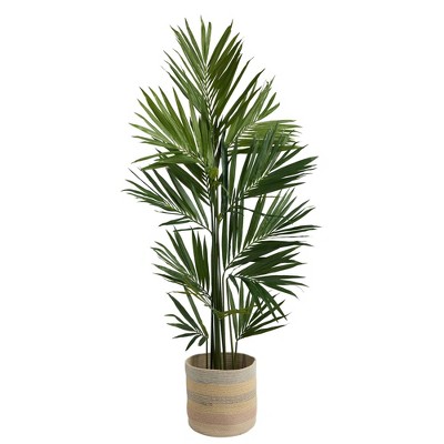 Nearly Natural 7-ft Kentia Artificial Palm in Handmade Natural Cotton Multicolored Woven Planterr
