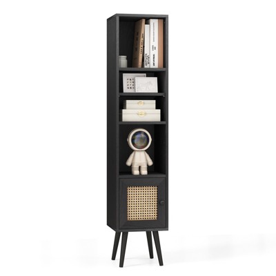 Tangkula Slim Tall Rattan Storage Cabinet Boho Accent Bookshelf w/ Rattan Door 12-Position Adjustable Shelf & Solid Wood Legs Black/Natural/White