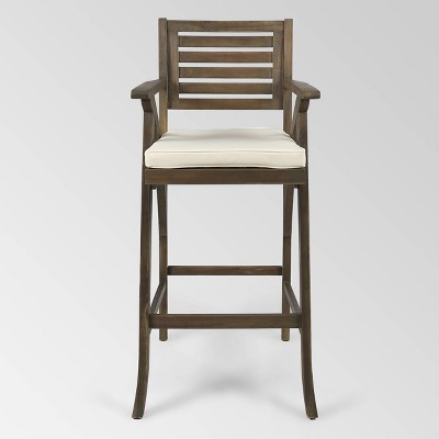 Hermosa Gray Acacia Wood Outdoor Barstools with Cream Cushions, Set of 4
