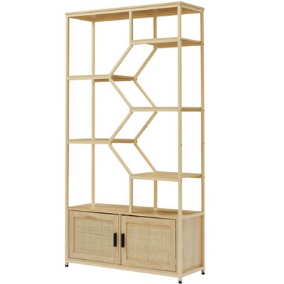NicBex 75.60" 7-Tier Rattan Bookshelf with Storage Cabinet Bookcases for Living Room Home Office, Yellow