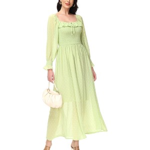 Anna-Kaci Women's Smocked Long Sleeve Swiss Dot Lined Maxi Tie Neck Square Detail Dress - 1 of 4