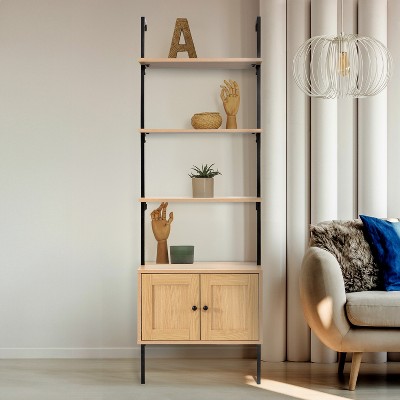 Light Oak and Black Wall-Mounted Ladder Bookcase with Cabinet