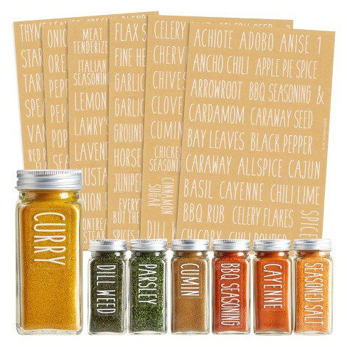 Talented Kitchen 145 Preprinted Spice Jar Labels with Seasoning Stickers,  Numbers, White All Caps Letters on Clear Water Resistant Vinyl