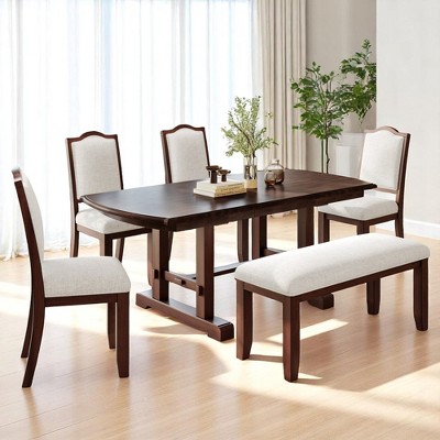6-Piece Extendable Dining Table Set, 60"-78" Wood Kitchen Table with Removable Leaf, 4 Upholstered Chairs & Bench for Dining Room