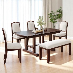 6-Piece Extendable Dining Table Set, 60"-78" Wood Kitchen Table with Removable Leaf, 4 Upholstered Chairs & Bench for Dining Room - 1 of 4