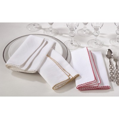 White Cotton Napkins with Red Whip Stitch Border, Set of 4