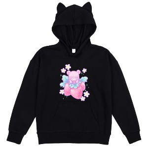 Strawberry Bear Youth Black Long Sleeve Hooded Sweatshirt With 3D Ears - 1 of 3
