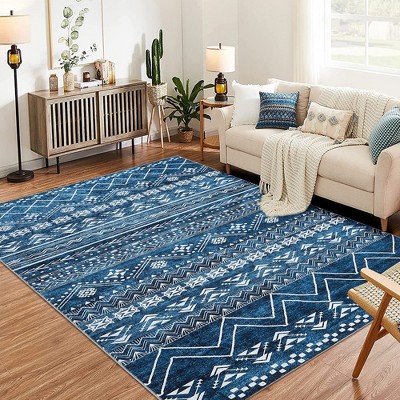 Moroccan Area Rug, Super Soft Ultra-Thin Boho Indoor Floor Carpet, Anti-Slip Foldable Machine Washable Geometric Rug,Blue