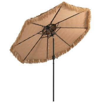 Tangkula 9 ft Outdoor Tiki Umbrella Double-Roof Hawaii Style Umbrella W/ Tilt Mechanism & Hand Crank 9-Tier Endothermic Straw 8 Sturdy Steel Ribs