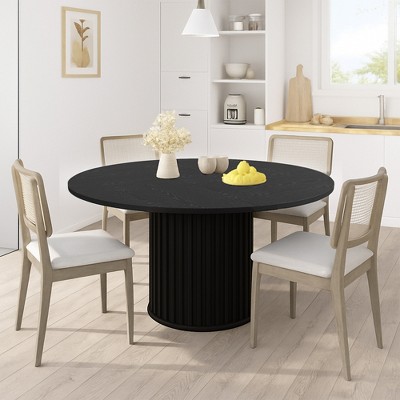 47" Round Dining Table for 4-6 People, Black Dining Room Table w/ Sturdy Waveform Metal Pedestal Base, Farmhouse Circle Kitchen Table for Dining Room