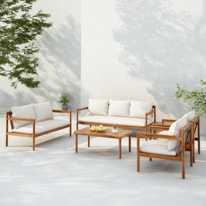 Christopher Knight Home Negley Outdoor 5 Piece Acacia Wood and Rope Chat Set with Water Resistant Cushion, Teak/Cream - 1 of 4