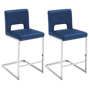 26" H Bar Stools Set of 2 - Modern Velvet Barstools with Hollow Back, Upholstered Armless Kitchen Island Stools, Blue with Chrome Metal Frame - 1 of 4