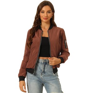 Allegra K Women's Bomber Jacket Casual Lightweight Zip-Up with Pockets - 1 of 4