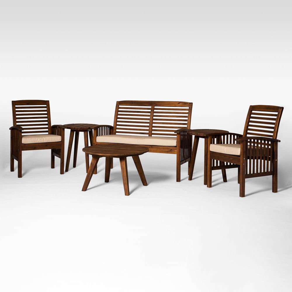 Ravenscroft 6pc Outdoor Set with Modern Acacia Slatted Round Table Dark Brown Saracina Home