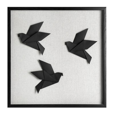 Black Origami Birds on Linen Background Wall Art